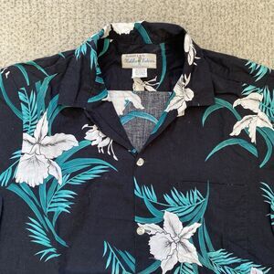 Vintage Hukilau Black Floral Hawaiian Shirt Large Short Sleeve Cotton Flower